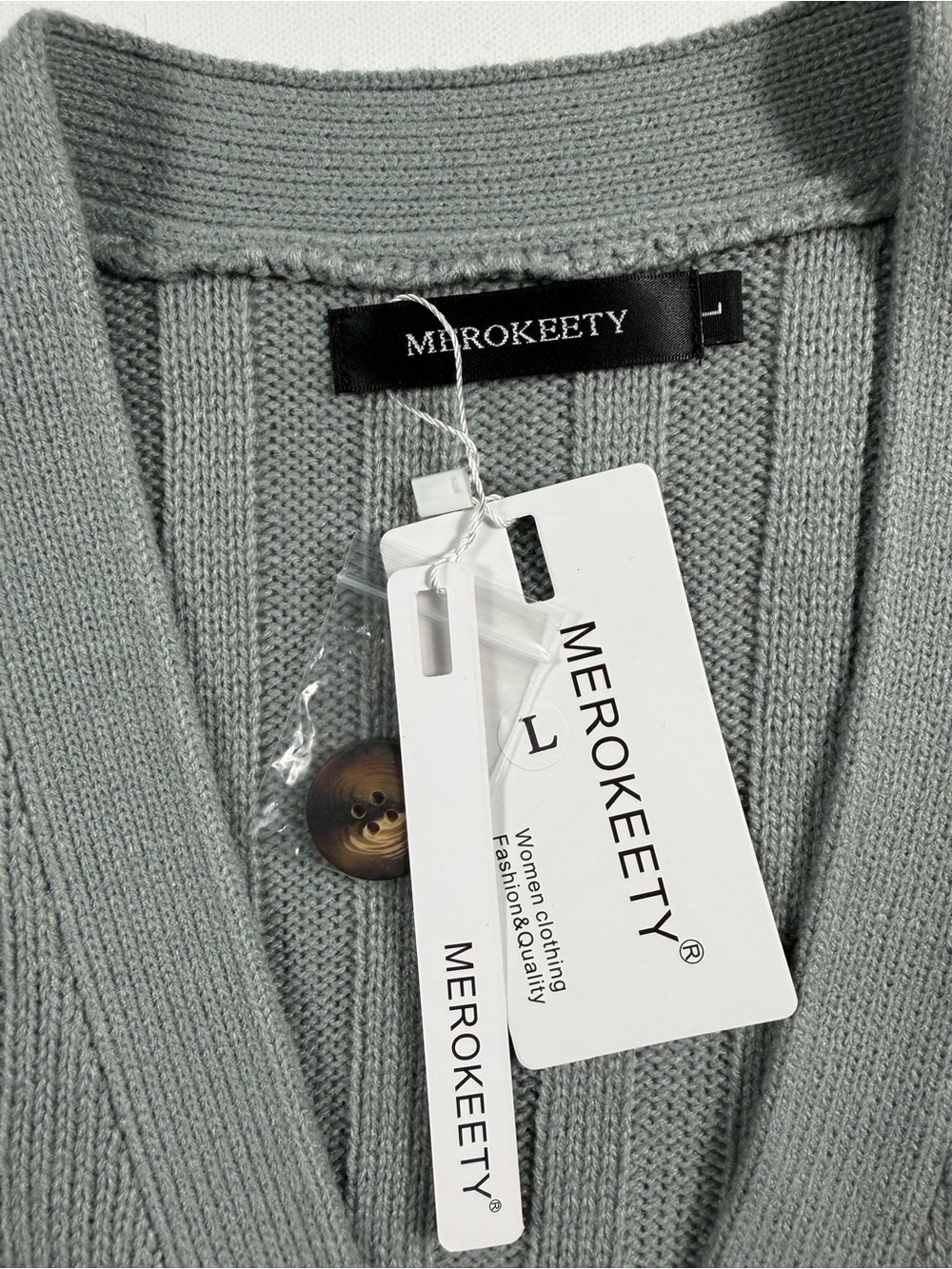 MEROKEETY Gray Cable Knit Grandpa Cardigan Sweater NWT L Pockets Fisherman Knit - Picture 2 of 9